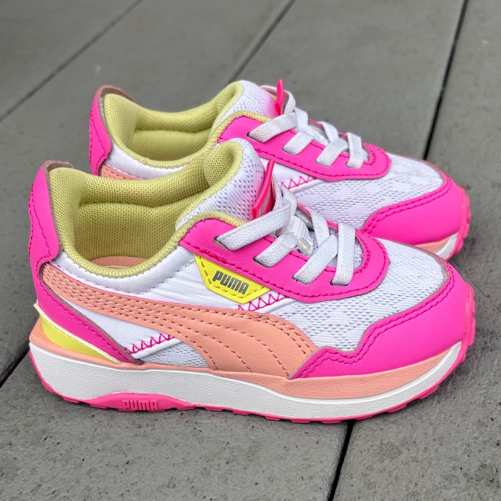 🌻Puma Kids Bright Pink, Peach & Yellow Lace-Up Sneakers